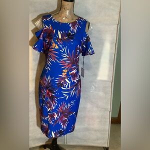 Calvin Klein, Royal blue print cold shoulder, short sleeve dress. NWT Sz 10